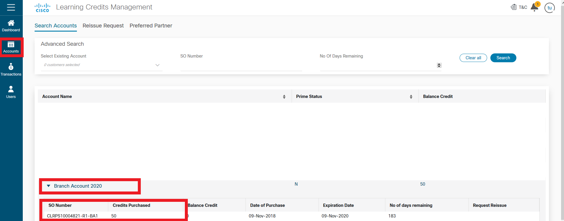 The learning credits are now assigned to the new sales order number within the Branch account