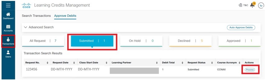 LCMT Approve Debits Request
