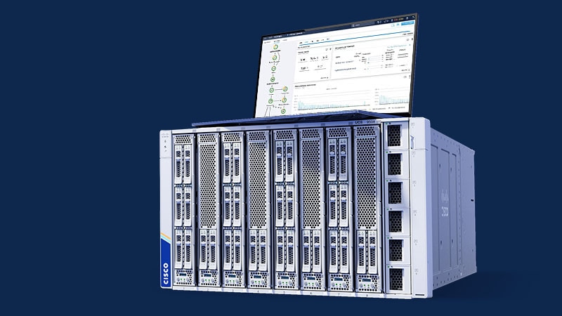 A Cisco UCS X-Series chassis with a laptop showing Intersight Workload Optimizer on-screen 