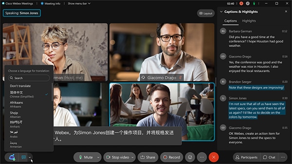 Webex offers real-time translations from English into 100+ languages