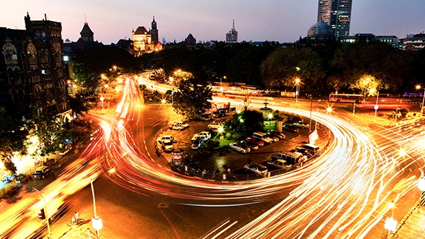 A cityscape at night with lights