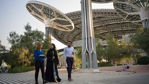 Group walking around office park