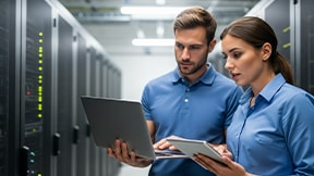 Man and woman looking at laptop in a data warehouse