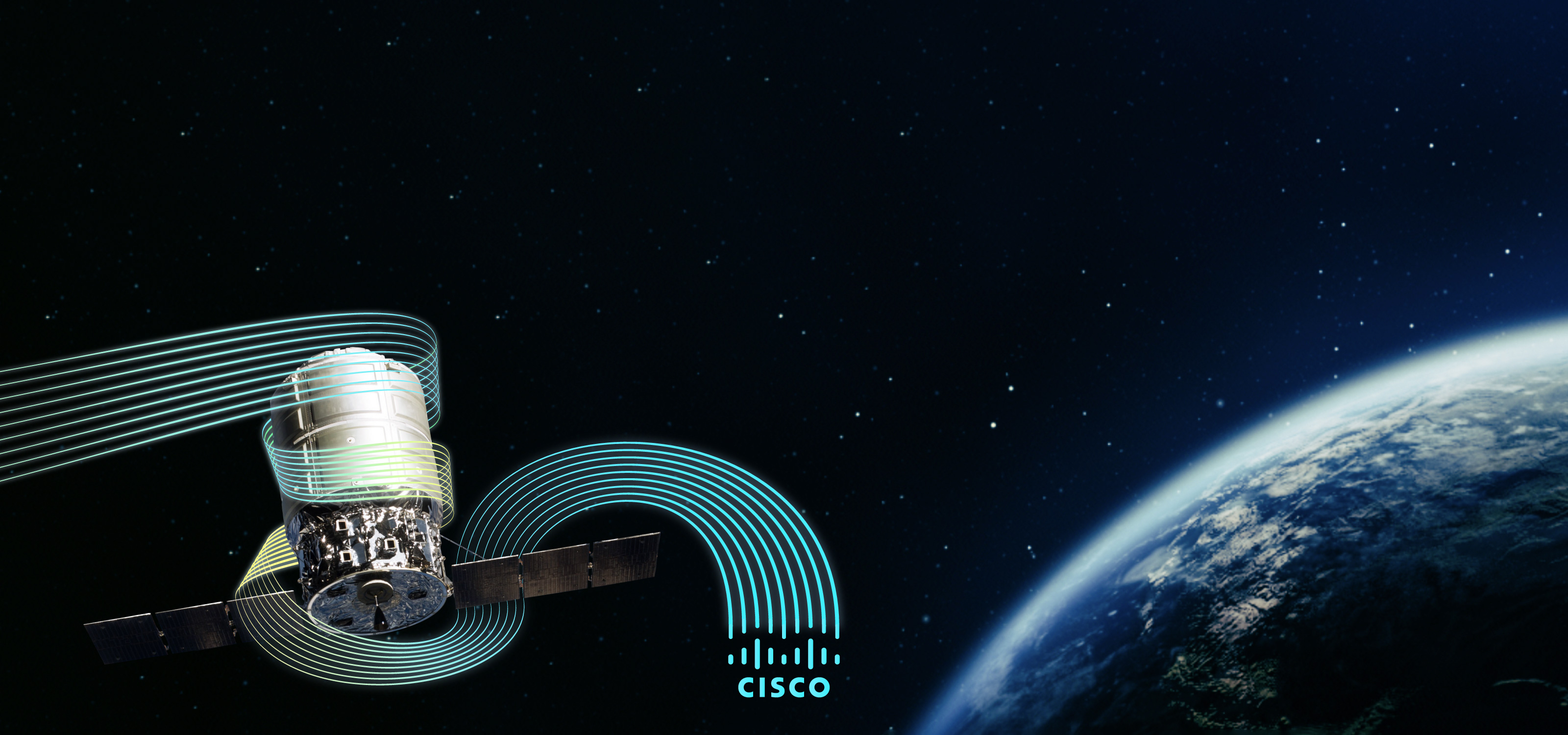 Satellite in space with glow of earth in the background with Cisco art and logo to represent network security.
