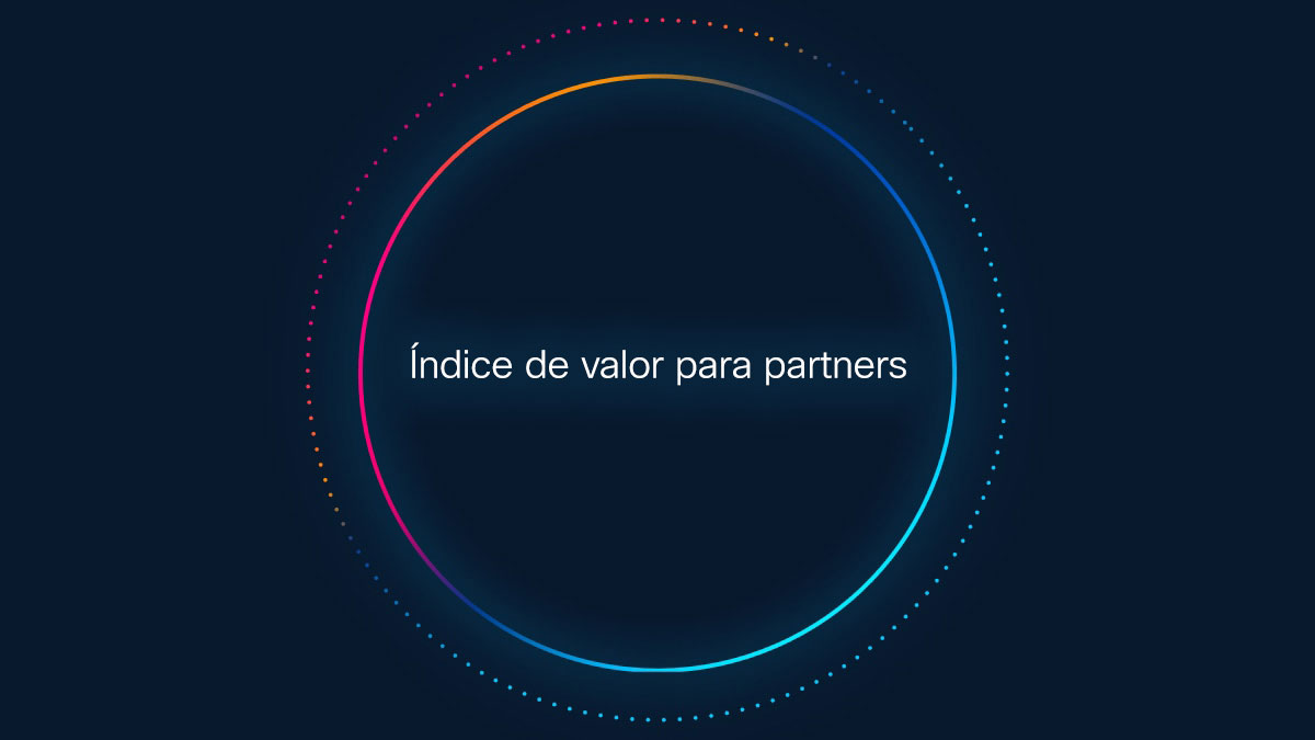 Círculo rosa-naranja-azul con “Índice de valor para partners” en el centro sobre un fondo oscuro.
