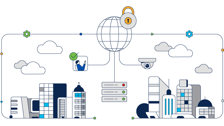 Illustration of buildings, technology devices, and clouds that are securely managed and protected.