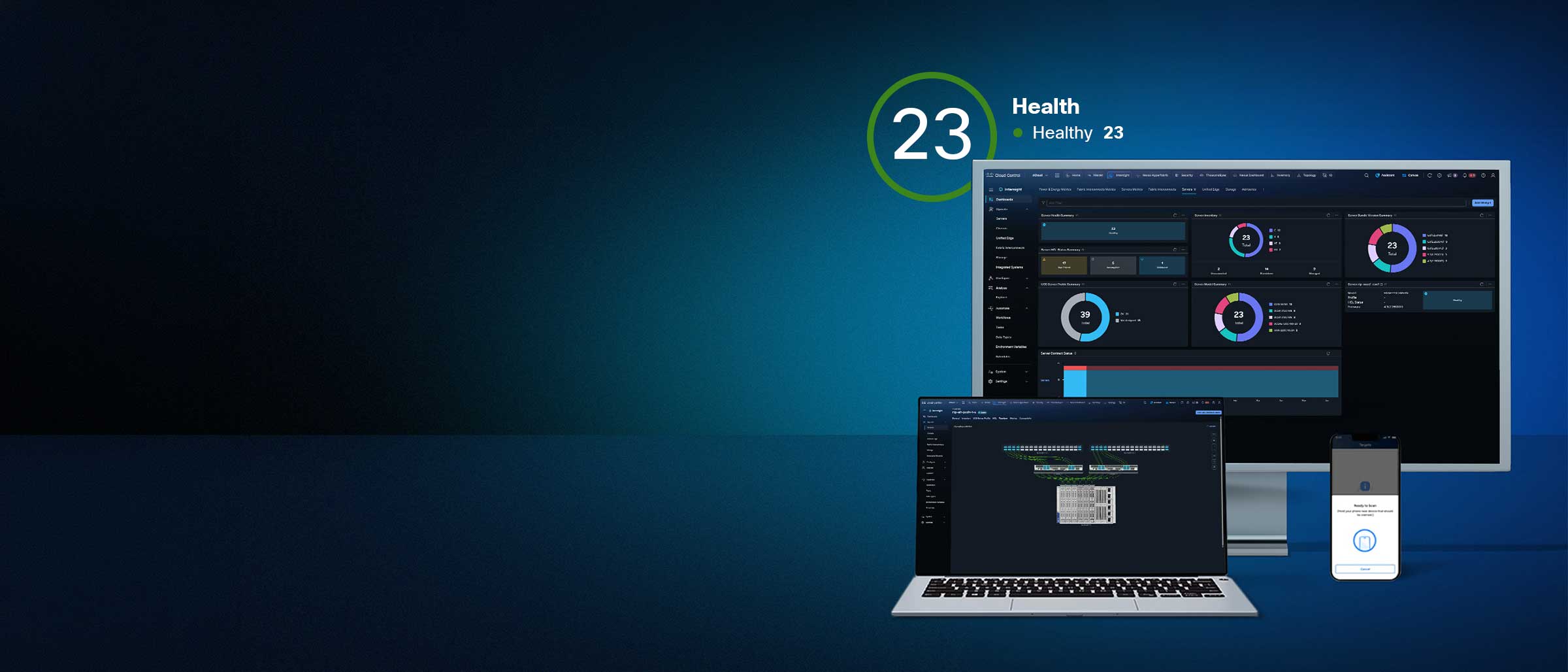 Cisco Intersight cloud-operations platform interface displayed on a desktop monitor, laptop, and smartphone, featuring a central health dashboard.