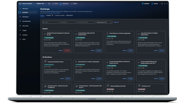 illustration  on desktop screen Cisco Workflows features a marketplace 