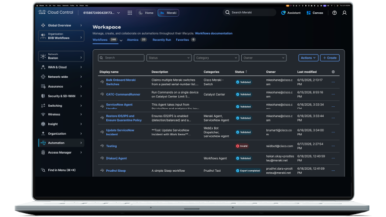 Cisco Cloud Control Workspace interface displaying a list of automation workflows with status and owner details in a table format.