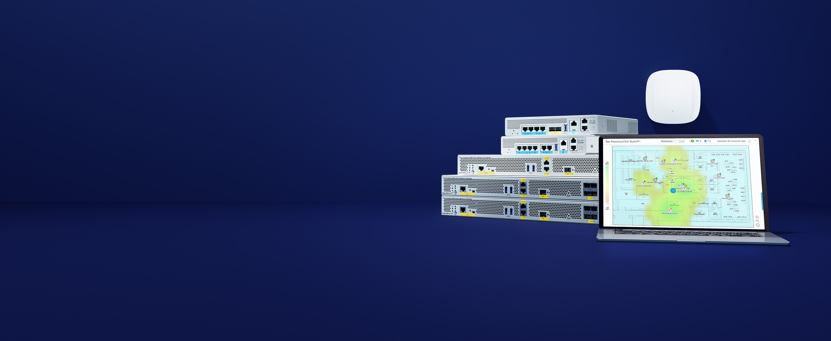 Cisco Catalyst 9800 wireless lan controllers, Cisco Cataylst access point, with Cisco DNA Center 3D analyzer image