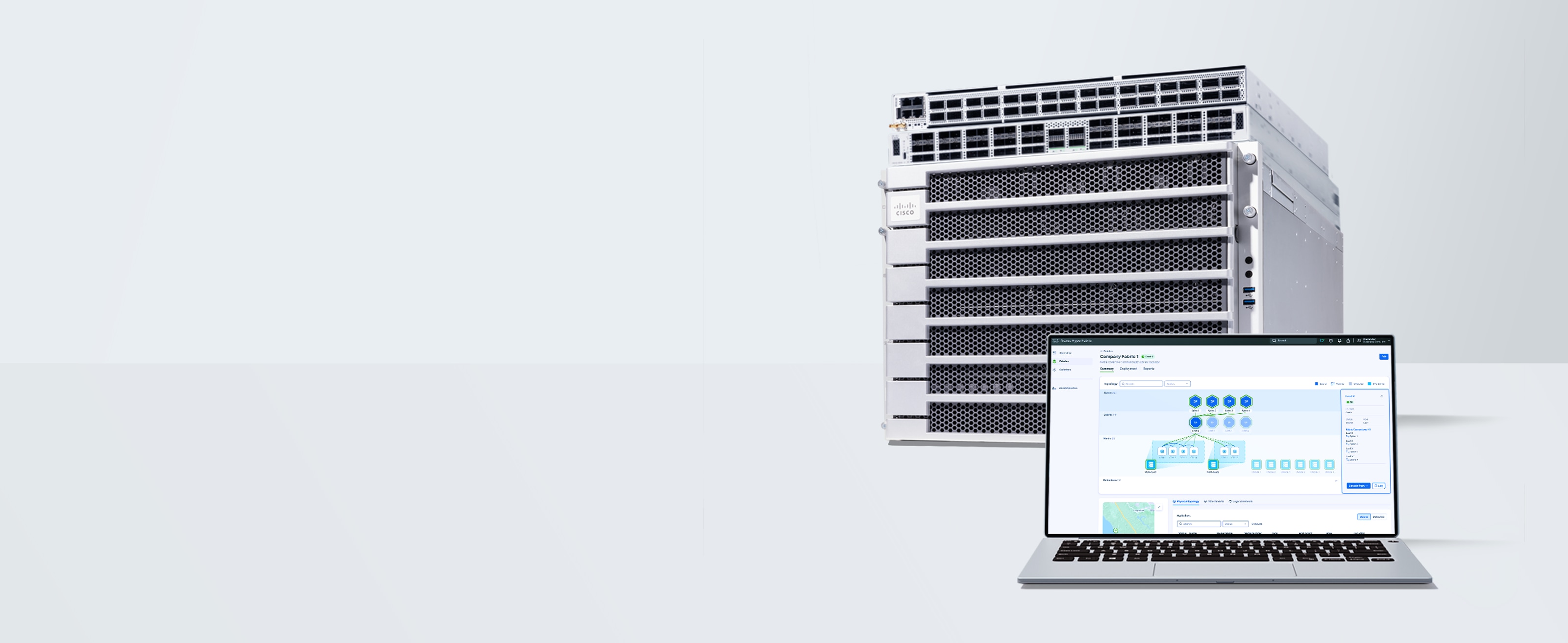 Nexus Hyperfabric dashboard displayed on laptop. A stack of UCS servers are behind.