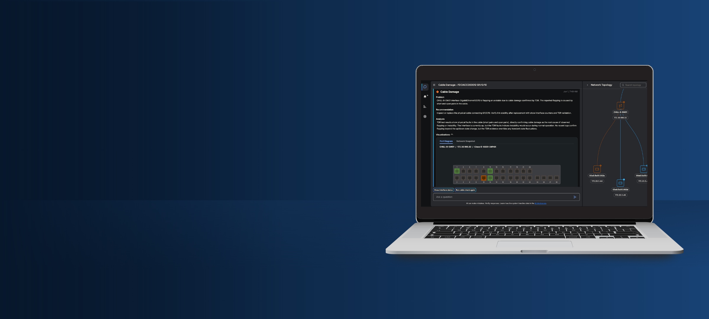 Laptop display of issue detected using AI Troubleshooting for Industrial Networks