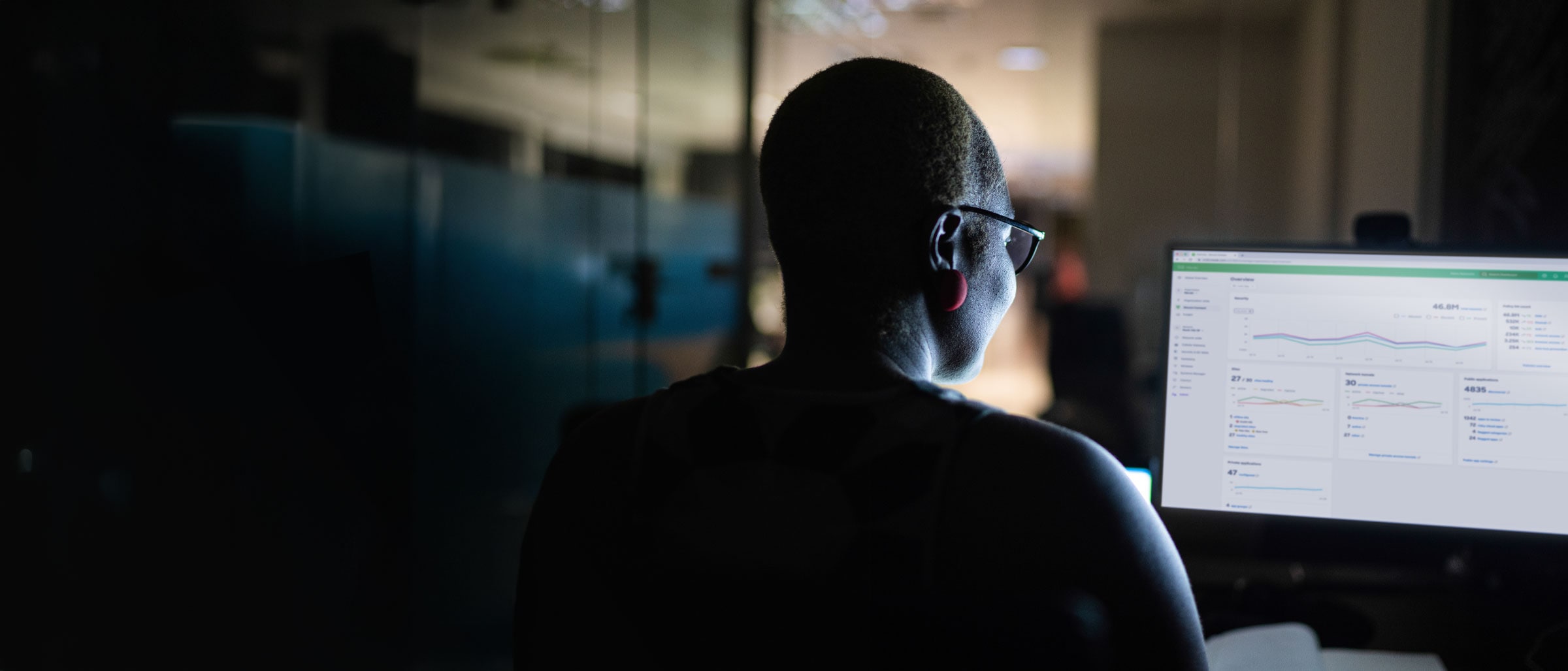 Woman viewing a computer monitor displaying the Meraki dashboard.