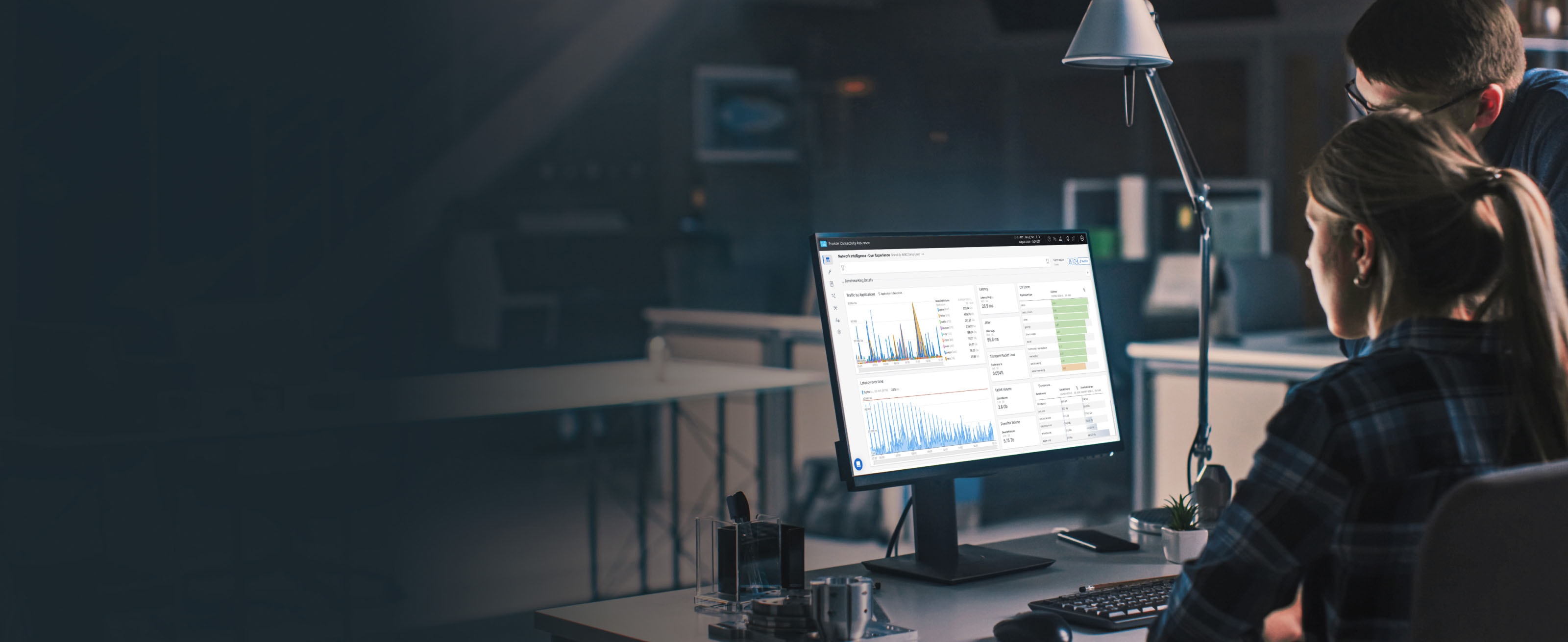 Two workers at a desk reviewing a Provider Connectivity Assurance dashboard