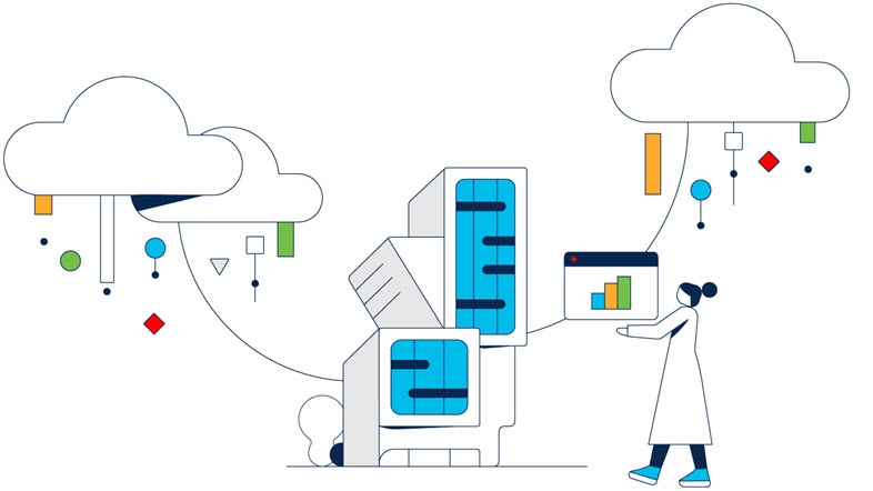 Illustration depicting person interacting with a cloud operating model