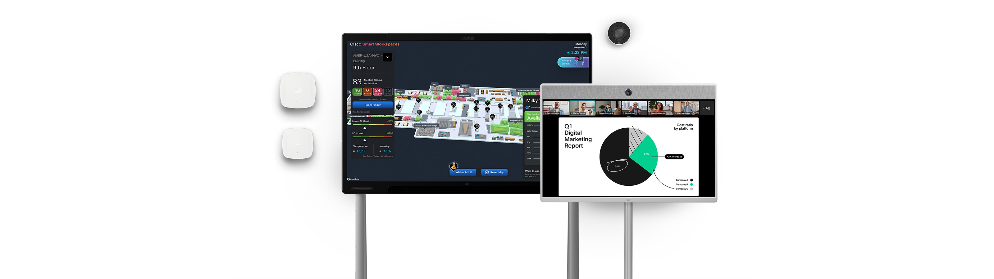 Hybrid place technology, including an illustration of Cisco Spaces, Webex video conferencing, and Meraki hardware
