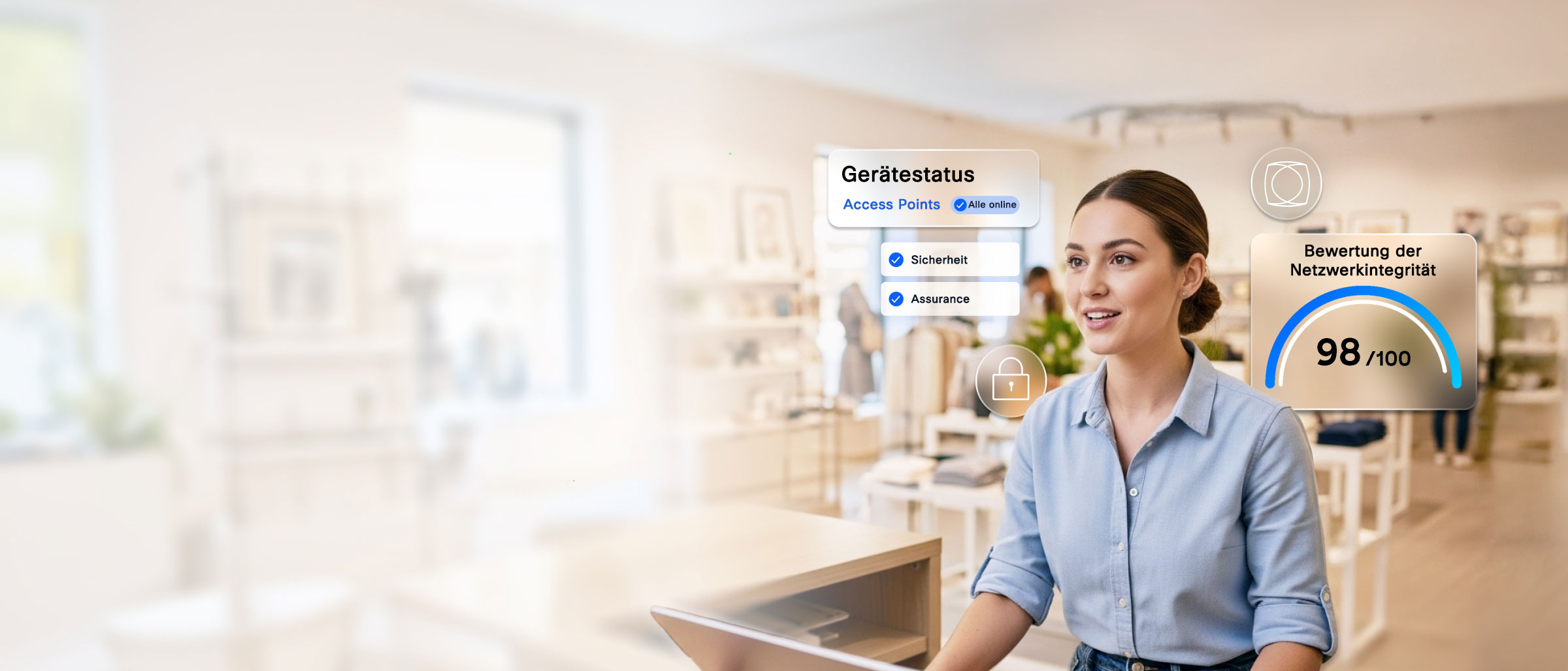 Person, die auf einen Laptop blickt. Vor dem Hintergrund sind Netzwerk-Dashboard-Statuselemente für die folgenden Bereiche abgebildet: Netzwerkverbindung, Assurance, Sicherheit, Infrastruktur und Kultur.
