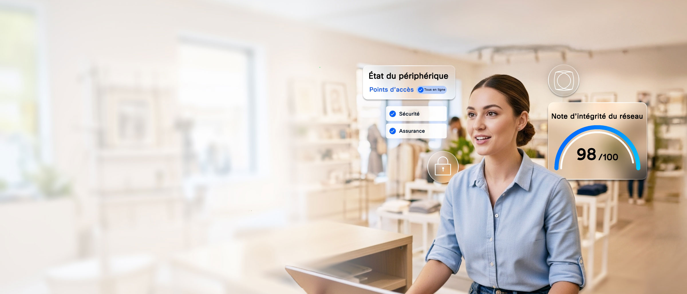 Une personne regardant un ordinateur portable, avec, en arrière-plan, des éléments d’état du tableau de bord réseau pour la connectivité, l’assurance, la sécurité, l’infrastructure et la culture.