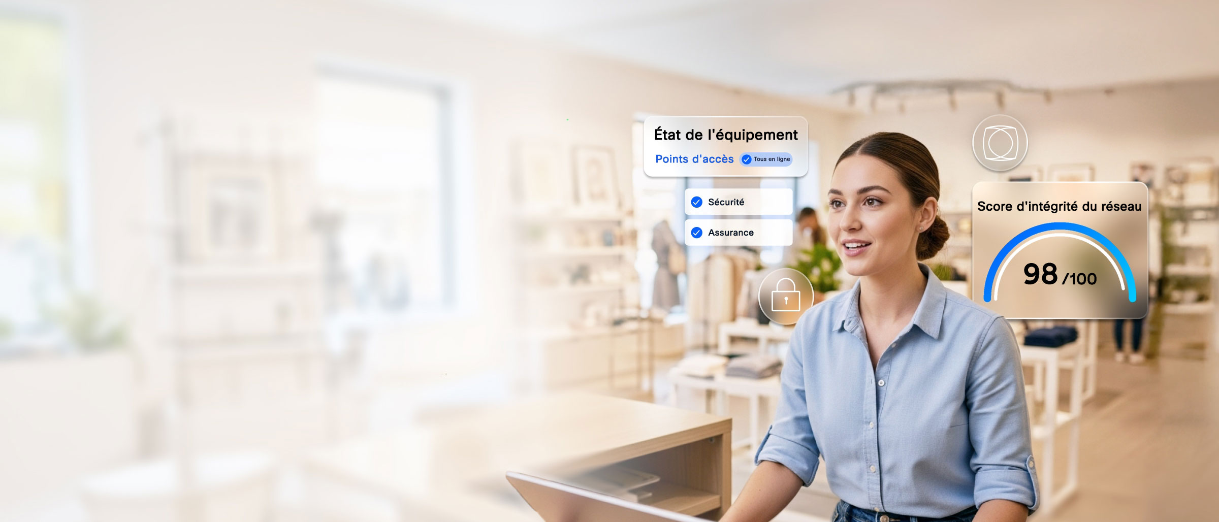 Personne regardant un ordinateur portable, avec des éléments du tableau de bord du réseau affichés en arrière-plan : Connectivité, Assurance, Sécurité, Infrastructure et Culture.