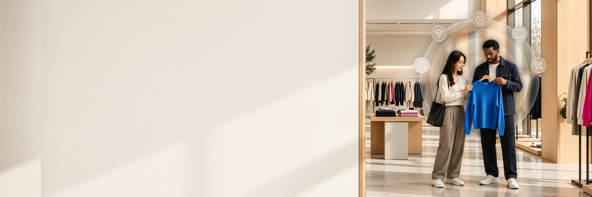 Shoppers in a retail store examine a sweater, highlighted by digital icons representing connectivity and security technology.
