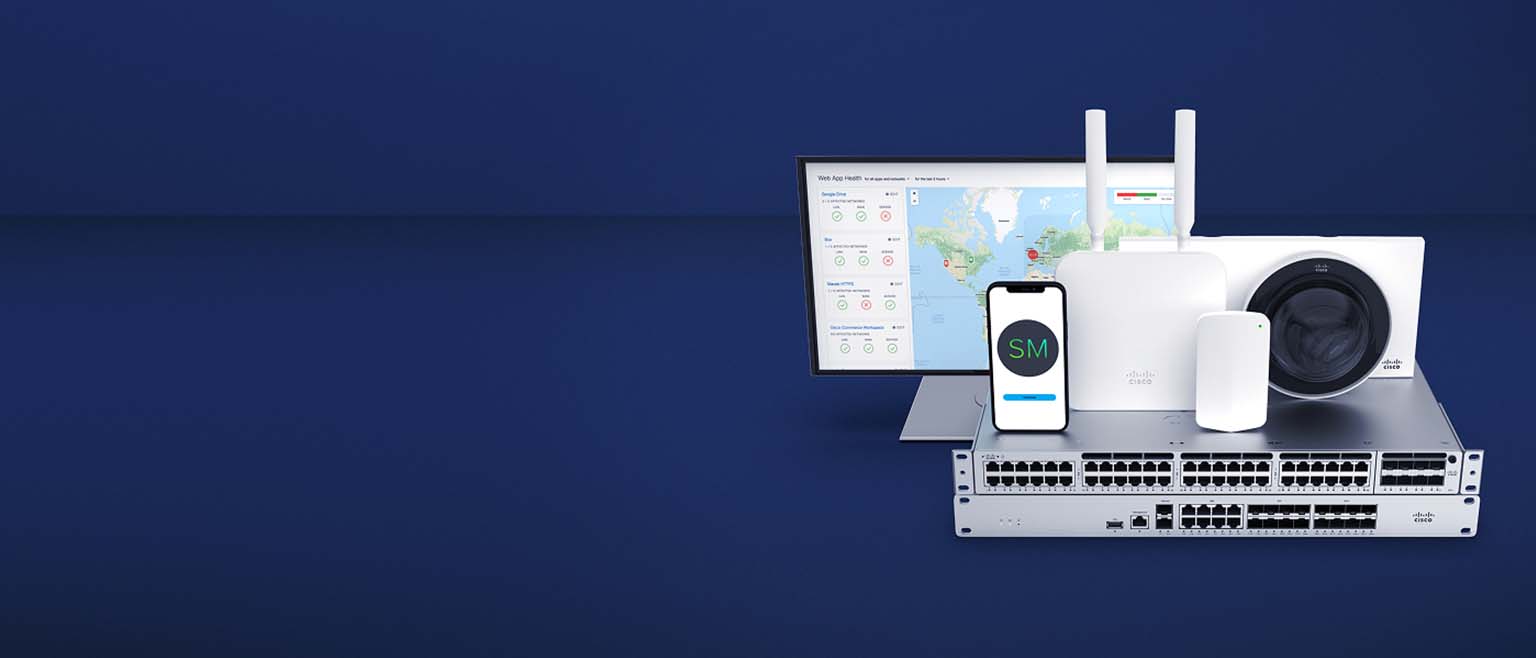 Cisco networking hardware, including switches, access point, and camera, next to a monitor showing a Web App Health dashboard and a phone with SM logo.