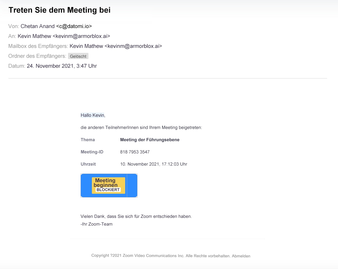 Screenshot einer beispielhaften Phishing-Nachricht mit Aufforderung zur Kennwortzurücksetzung