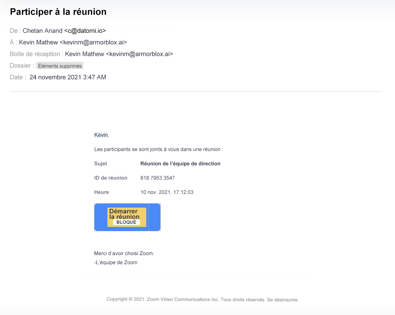 Exemple de capture d’écran illustrant un message frauduleux de réinitialisation du mot de passe