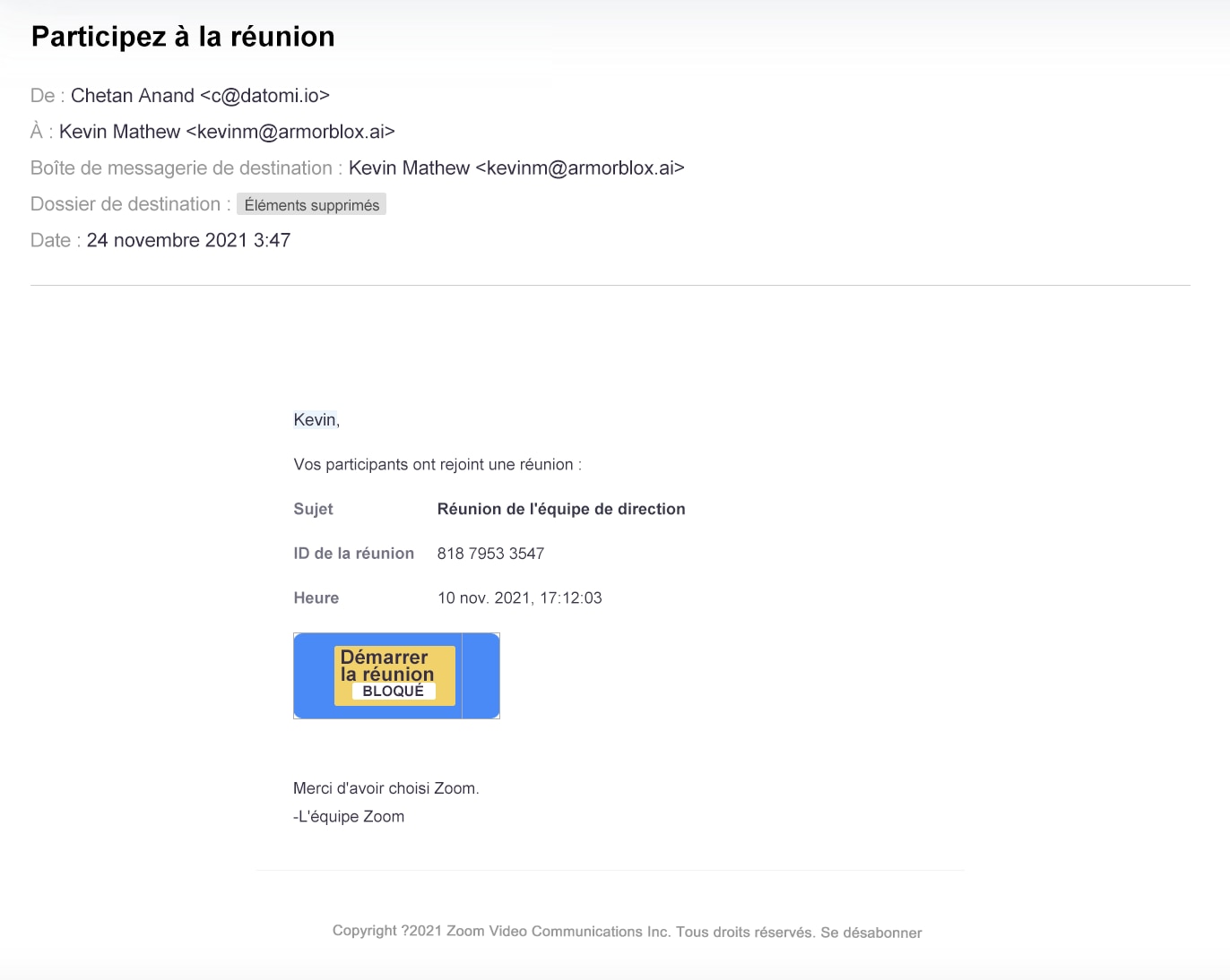 Exemple de capture d'écran d'un message de phishing demandant la réinitialisation du mot de passe