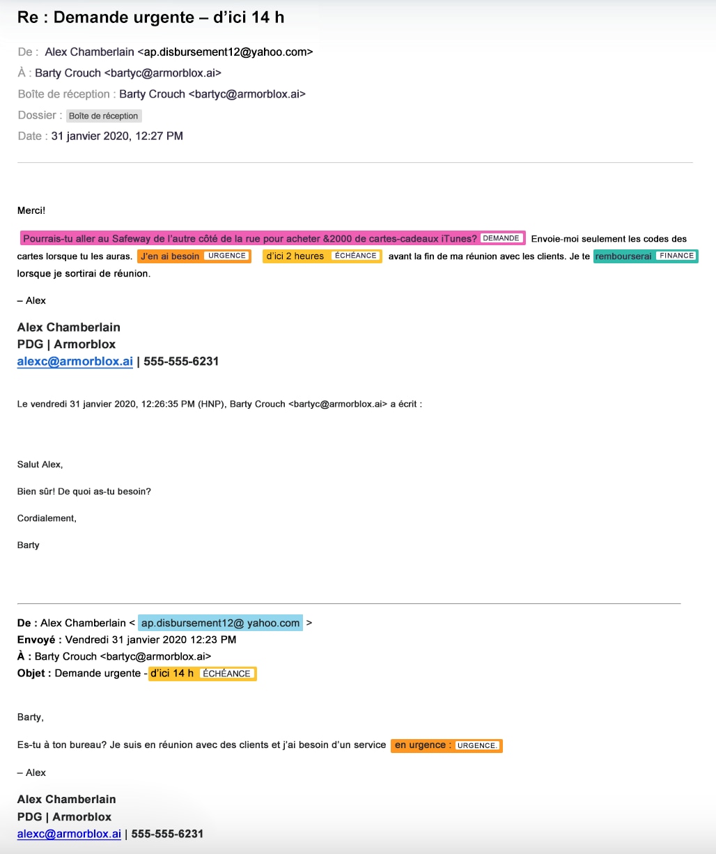 Exemple de capture d’écran d’un message par hameçonnage