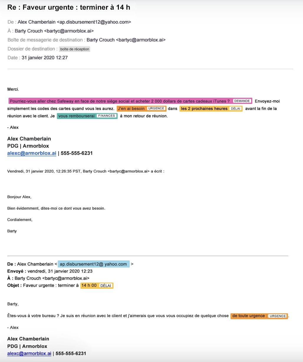 Exemple de capture d'écran d'un message de phishing