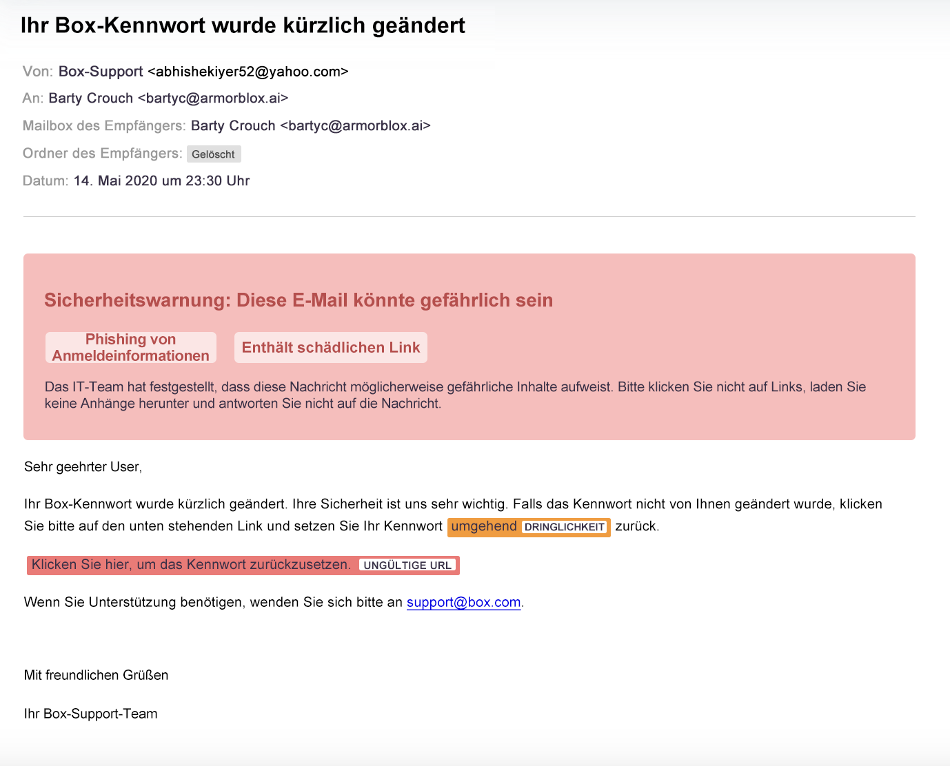 Screenshot einer beispielhaften Phishing-Nachricht mit Aufforderung zur Kennwortzurücksetzung