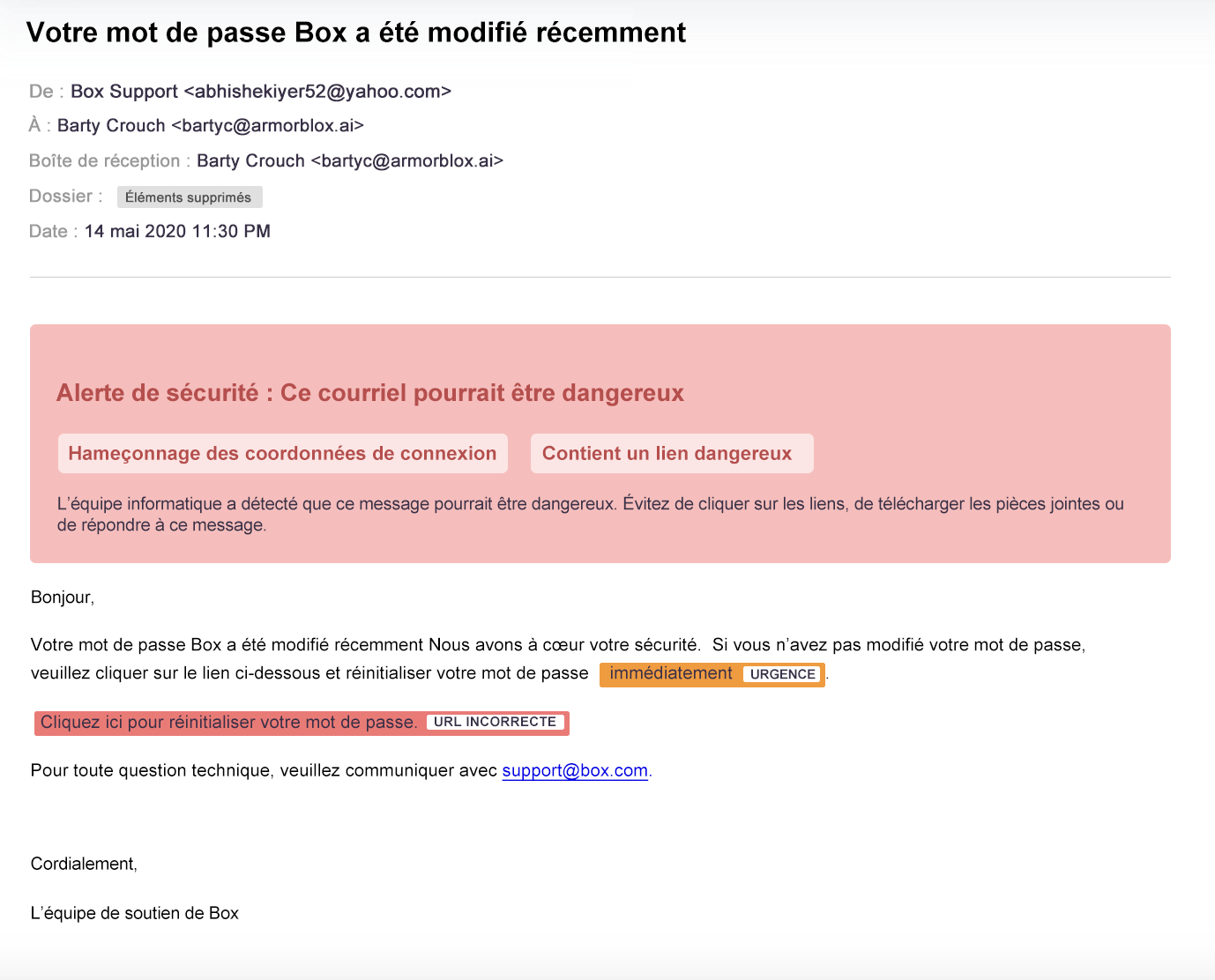 Exemple de capture d’écran illustrant un message frauduleux de réinitialisation du mot de passe