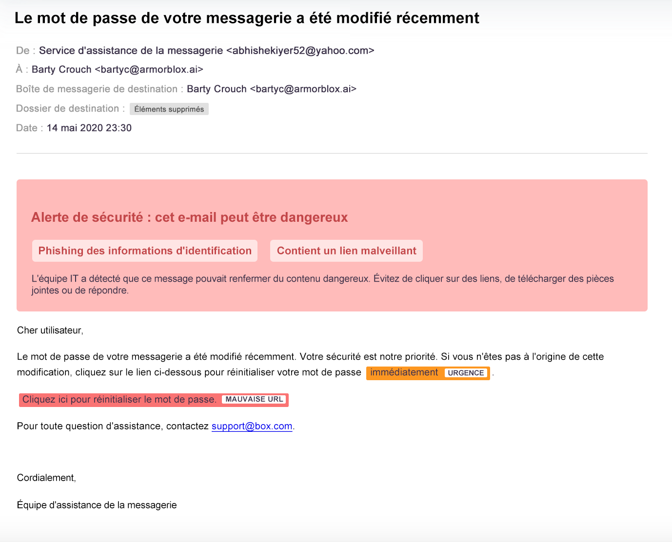Exemple de capture d'écran d'un message de phishing demandant la réinitialisation du mot de passe