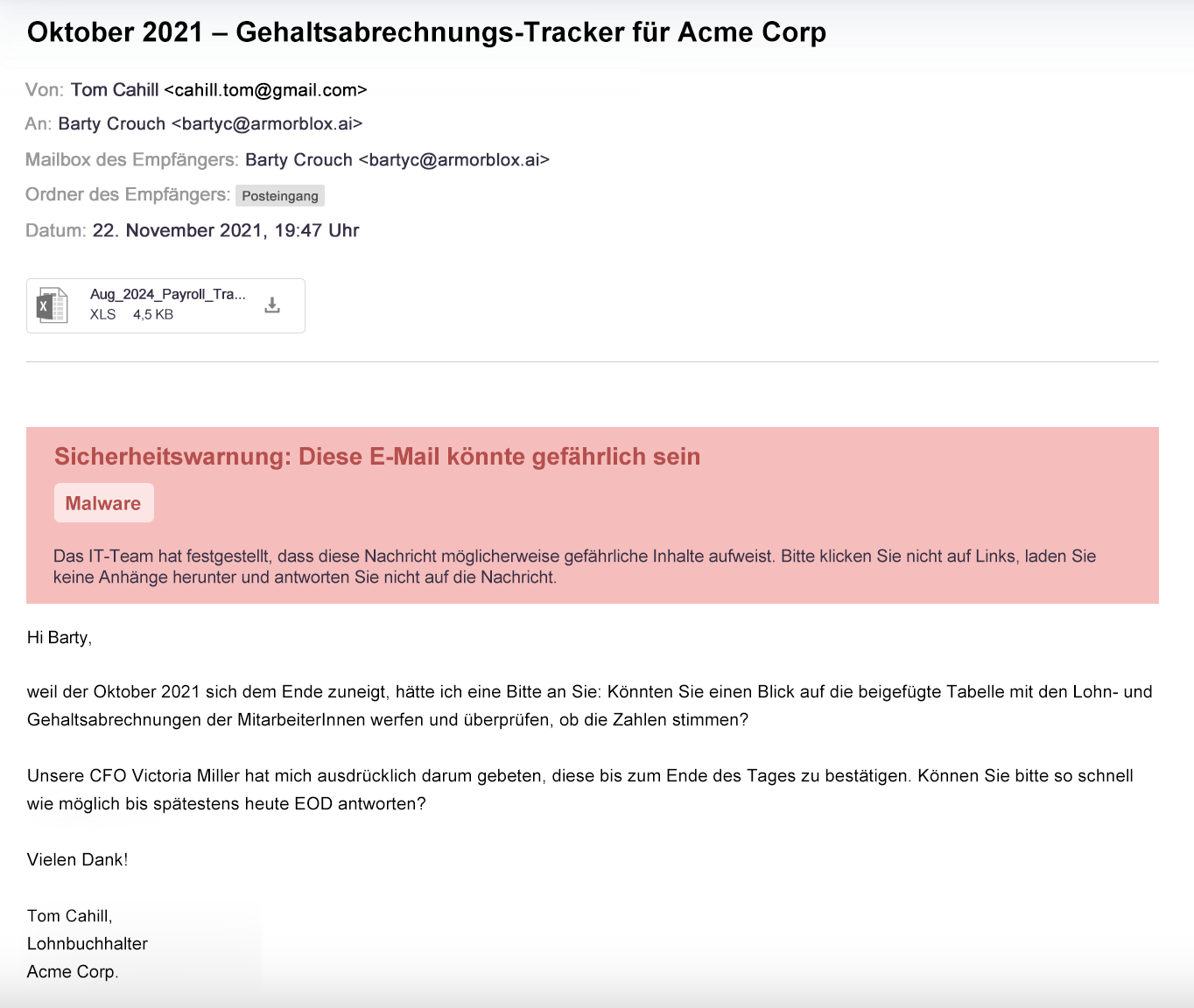 Screenshot einer beispielhaften Phishing-Nachricht zur Gehaltsabrechnung