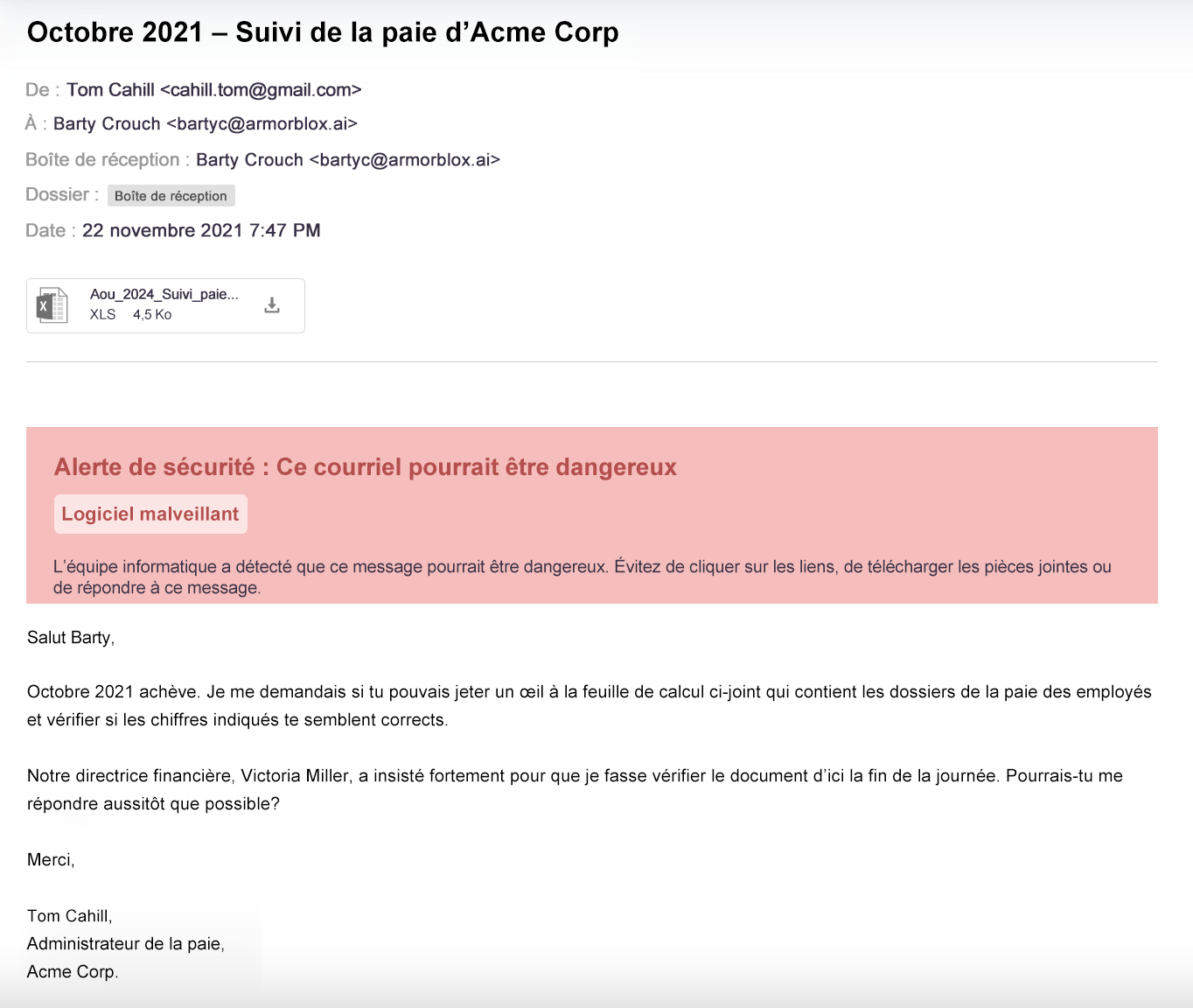 Exemple de capture d’écran illustrant un message d’hameçonnage du service de paie