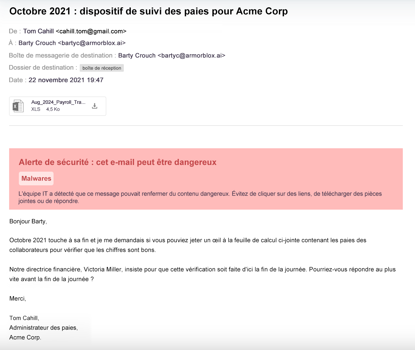 Exemple de capture d'écran d'un message de phishing destiné au service des paies