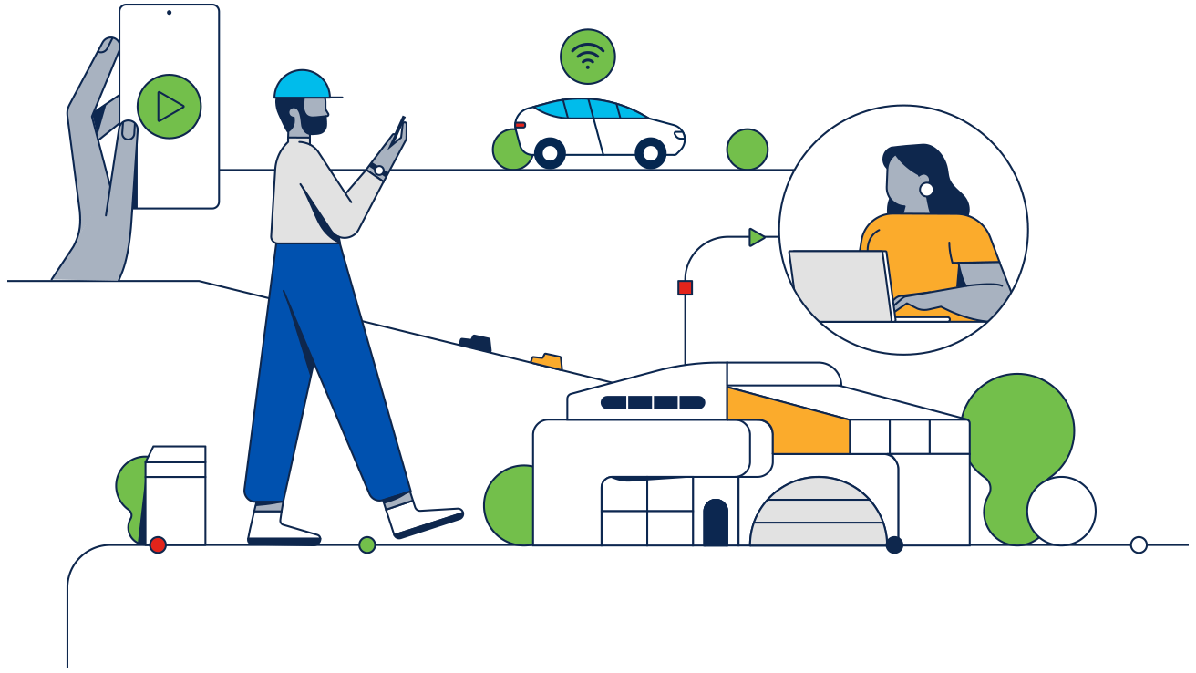 Graphic depicting a community of workers and devices connected to a singular network