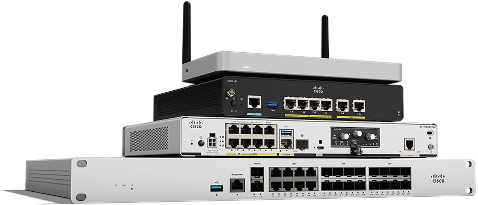 Product models stacked Cisco ISR 1100, Meraki MX67W, Meraki MX95W, Meraki MX250W