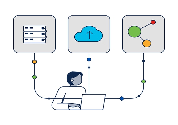 Illustration of an IT professional logging on to a laptop to observe on-premises-to-cloud connections, network security, and application performance 