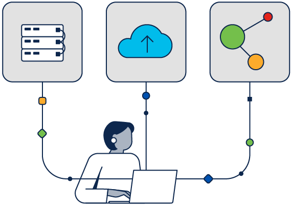 Illustration of an IT professional logging on to a laptop to observe on-premises-to-cloud connections, network security, and application performance 