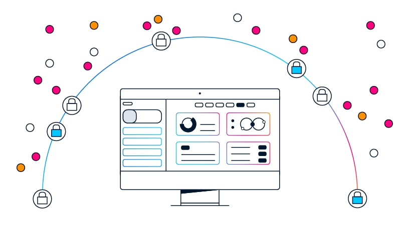 Cybersecurity dashboard on a computer screen, featuring an arched line of padlock icons and surrounding data points.