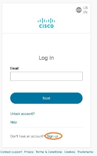 Cisco login screen for entering an email address