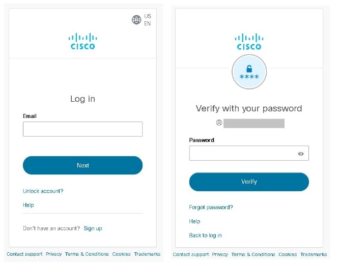 Cisco login screens for entering an email address and password