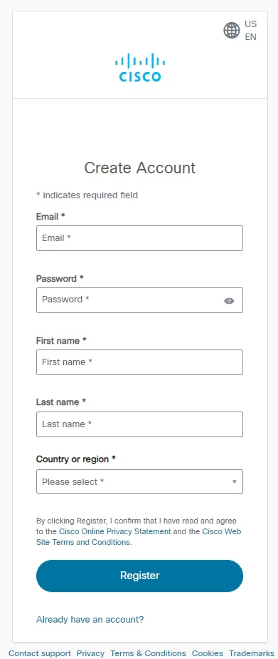 Create Account registration form