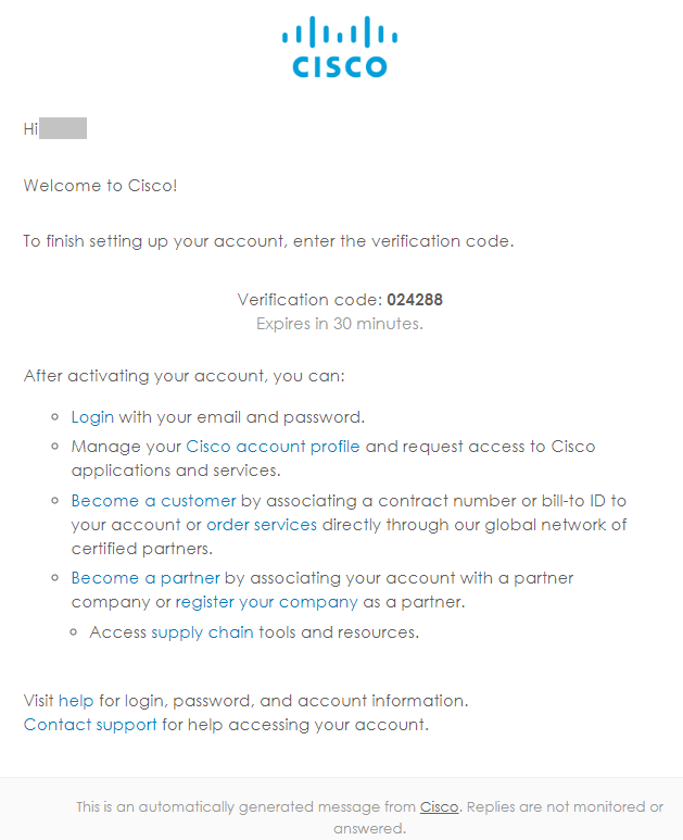 Cisco account verification email