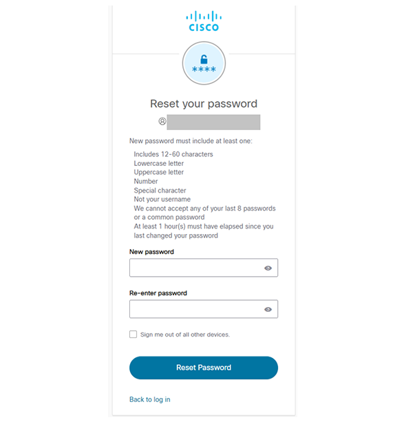 Reset your password form and password criteria