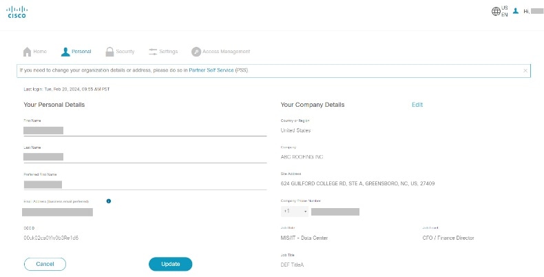 Cisco profile Personal tab and company details