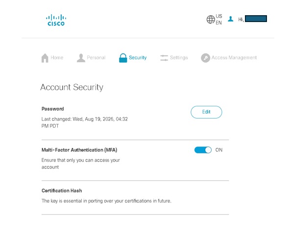 Cisco Account Security tab