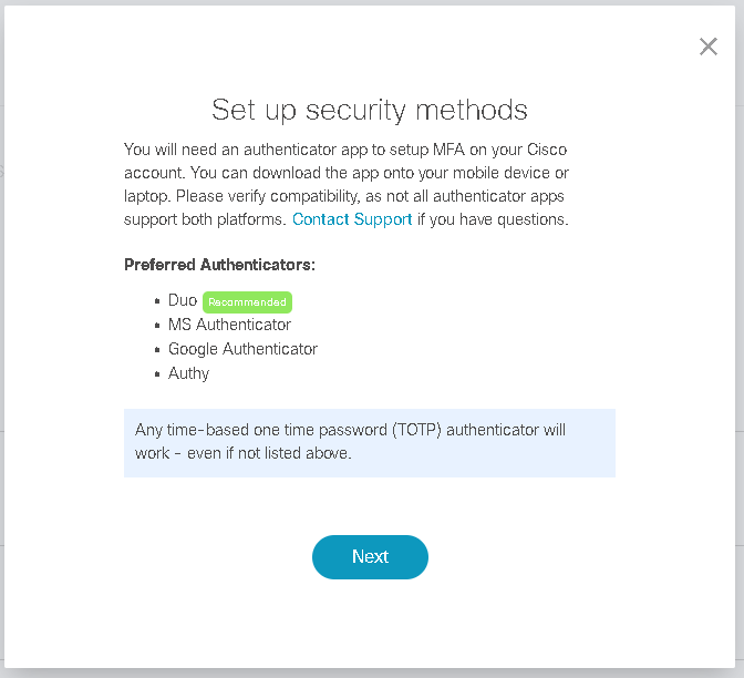 Set up security methods dialog