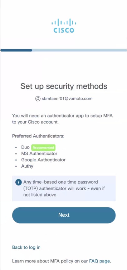 Reactive MFA security-method setup, step 1